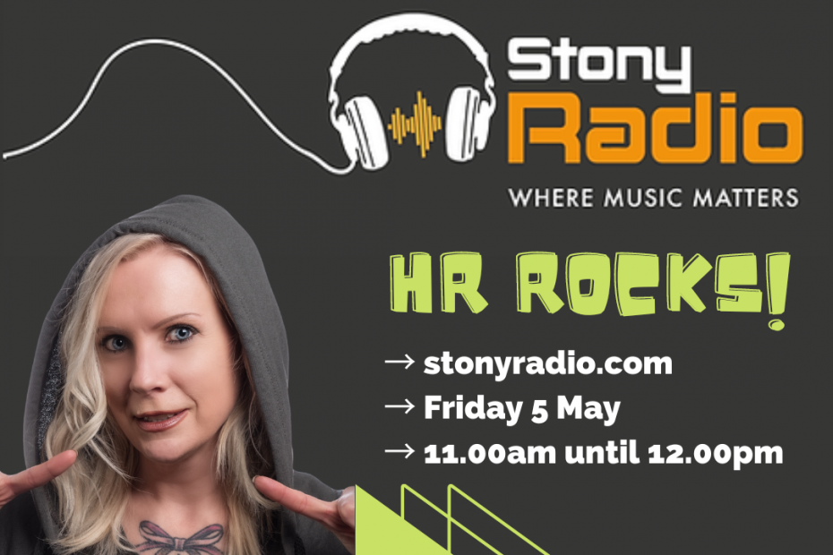 Person with blonde hair, Rachel promoting HR Rocks on Stony Radio