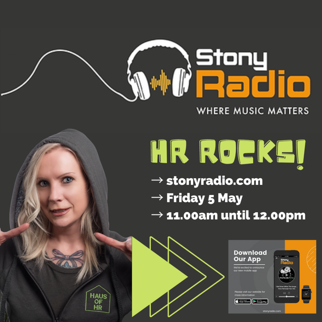 Person with blonde hair, Rachel Collar promoting HR Rocks on Stony Radio
