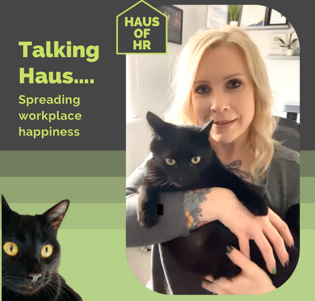 Talking Haus HR video. Female with blonde hair holding a black cat